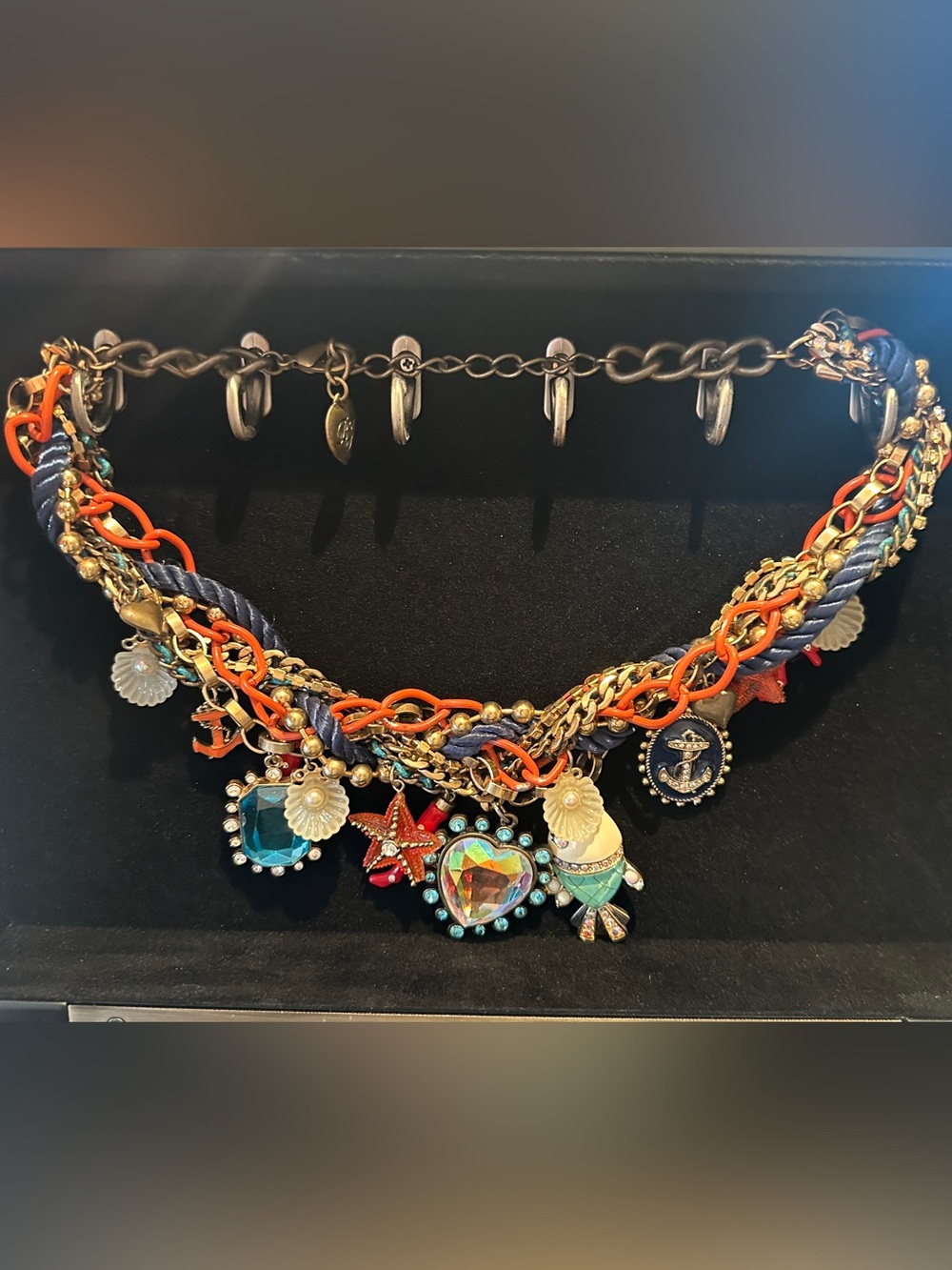 Colorful Nautical Charm Statement Necklace — Teal, Orange, Gold